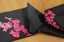 Vintage Japanese Nagoya Obi Black Pink Floral Embroidery Silver Lame 60Yrs picture