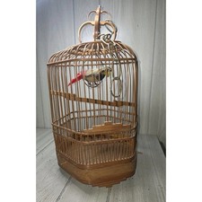 Antique 1930s Asian Bamboo Bird Cage W/Realistic Feathered Bird Intricate Ornate picture