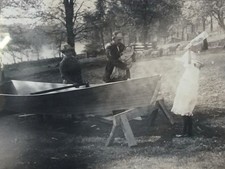 Homemade Wooden Boat Christening Vintage Photo 1910s Rural Family Launch Sepia picture