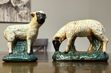 Vintage 1930s-50s Chalkware Black face Sheep Figurine Pair Grazing Lamb Putz picture