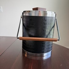 Vintage MCM Black Croc Embossed Ice Bucket Chrome Wood Handle Mid Century Modern picture
