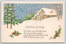 Vintage Christmas Greetings Postcard Snowy House Winter Scene Holly Poem J.P. NY picture