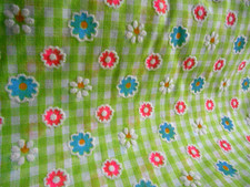 Vintage Flocked Flowers Green Gingham Novelty Floral Fabric 2 Yards picture