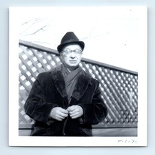 Old Vintage Square Photo SOLO MAN COAT HAT GLASSES 1970 ANTIQUE SNAPSHOT picture