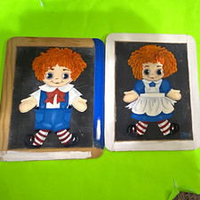 Vintage 1970s Raggedy Ann Andy 3D Wooden Chalkboard Wall Plaques Rose Art Portug picture