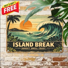 Tropical Surf Scene Beach Poster Vintage Coastal Surfing Art Metal Plaque 8x12 picture