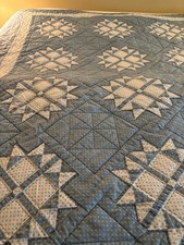 Vintage 1987 Hand Quilted Star Quilt Queen 103x82 Blue White Embroidered Date picture