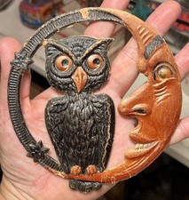 Antique German 1910’s-20’s Halloween Embossed Die Cut Owl Crescent Man in Moon picture