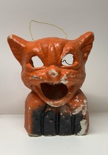 Vintage 1930’s-40’s Halloween Paper Mache Orange Cat On Fence Jack O Lantern picture