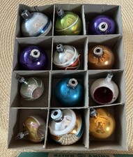 VTG Original Box 12 Shiny Brite Mercury Glass Christmas Ornaments Indent Stripes picture