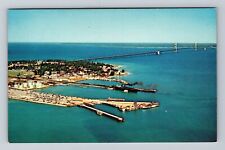 Mackinaw City MI-Michigan, Aerial View, Mackinac Straits Bridge Vintage Postcard picture