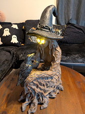 Large Gothic Halloween Sitting Tree Witch  with Crow/ Raven Lighted Eyes picture
