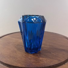 Vtg Viking Bluenique Glass Lighter Holder Faceted Diamond Point Blue MCM 3.75