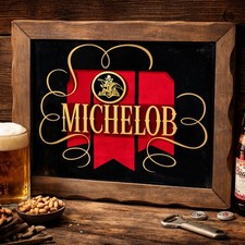 Vtg 1970s Michelob Beer Glass & Wood Framed Foil Advertising Bar Sign 19