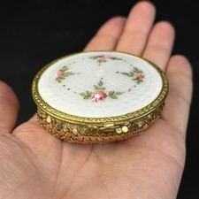 Vtg Art Deco Evans c. 1930s Mesh Floral Enamel Guilloche Lid Powder Compact picture