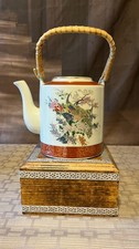 Vintage 1979 Arnart Imports Satsuma Teapot Peacock Floral Rattan Handle picture
