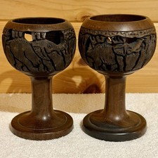 SET 2 Malawi Vtg Hand Carved Wooden Candlestick Chalice Elephant Giraffe Wood picture