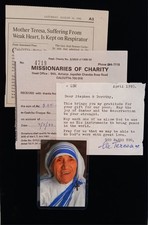 RARE Mother Teresa Signed Autographed Prayer Slip Letter w Receipt & Prayer Card picture