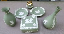 6-VTG 1960 Wedgwood Green Jasperware 2 Ashtray 2 Vases, 1 Lighter,1 Trinket Box picture