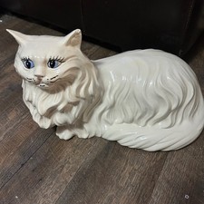 Vintage Large Ceramic Persian Cat Figurine White Blue Eyes 15 Inch Lounging picture