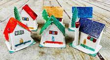 6 vtg Christmas House Ornaments Cardboard white glitter feather tree Japan putz picture