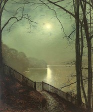oil painting John Atkinson-Nice moon night landscape by the river canvas picture