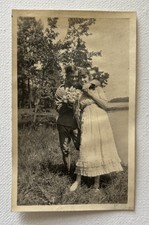 Antique WWI Era Snapshot Photo WWI Era Military Man Flowers For His Girl 1917 picture