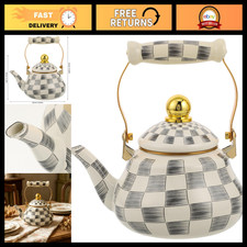 Vintage Enamel Tea Kettle 1.5L - Checkered Stovetop Teapot with Heat Resistant H picture