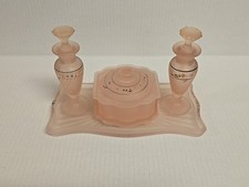 Vintage Frosted Pink Satin Hand Painted Glass Vanity Set Perfume Bottles powder picture