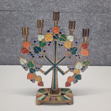 Vintage Terra Sancta Guild Israel 5 Candle Brass Colorful Enamel Candelabra 1971 picture