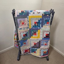 Handmade Log Cabin Patchwork Quilt Scrappy Farmhouse 96x96 King Queen Bedspread picture