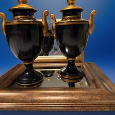 Vintage Raymond Waites Toyo Trading Co. Black Gold Lidded Urns Pair Greek Key picture