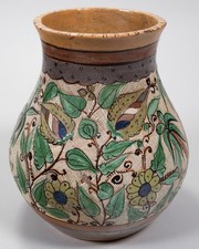 1920/30's Tlaquepaque Mexican Palm Trees and Flowers Vase w/ Petatillo picture