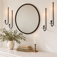 Two Black Hand Forged Wrought Iron Taper Candle Wall Sconces Drip Tray 16.5” picture