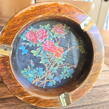 Vintage Unique Ashtray Solid Wood Glass Floral Bottom Brass Resting Edges picture