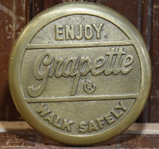 GRAPETTE ENJOY WALK SAFELY BRASS SIDEWALK SIGN GRAPE SODA CEMENT VINTAGE 1930s picture