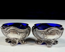 Pair Antique Ornate Silverplate Footed Open Salt Cellars Cobalt Glass Inserts picture