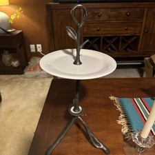 Vintage Wrought Iron Twig Leaf Pedestal Stand White Ceramic Plate Rustic MCM picture