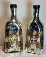 2 Vintage French Bistro Mercury Glass Lidded Bottles w Handpainted Gold Details picture