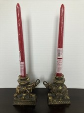 Vintage-Style Patina Elephant Candlestick Holders with Red Taper Candles – Pair picture