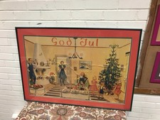 ANTIQUE VTG “GOD JUL” CHRISTMAS FAMILY SCENE ON CREPE TISSUE PAPER LARGE FRAMED picture