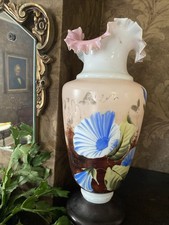 Striking French? Bristol? Victorian Opaline Pink Ruffled Vase Morning Glory 14