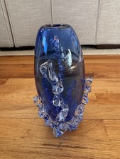 Vintage MCM Jan Beranek Skrdlovice Czech Blue 9.5” Tall Glass Vase picture