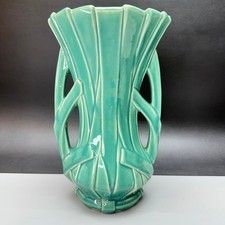 Vintage McCoy Ribbon Vase Art Deco Strap Teal Green 1940s MCM READ picture