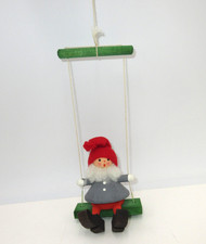 Vtg Swedish Tomte Folk Art Wooden Christmas Figure Ornament on Swing Sweden picture