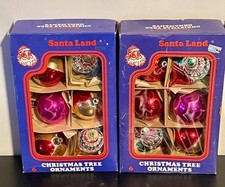 2 Orig Boxes ~ 12 Vintage Santa Land Glass Christmas Indent / Round Ornaments picture