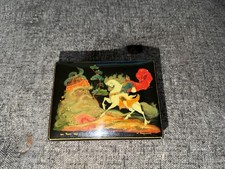 VTG Hand-painted Russian Black Lacquer Box Palekh Folk Art Signed picture