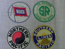 4 VINTAGE RAILROAD EMBLEMS 1950s CEREALS SOUTHERN & NORTHERN PACIFIC ,WABASH,SR picture