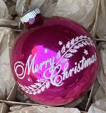 VTG Shiny Brite Made In USA Pink “Merry Christmas” Stencil Ornament, Jumbo picture