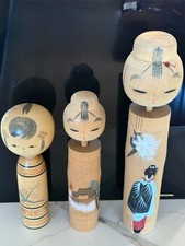 Japanese Wooden Kokeshi Dolls Vintage set of 3 with markings on bottom Cute picture